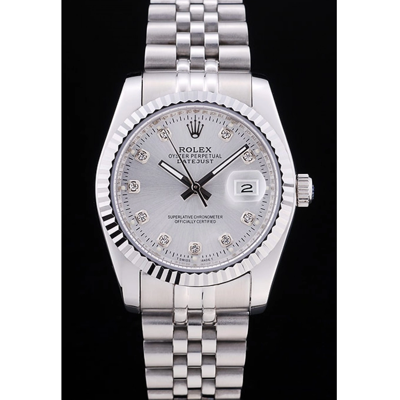 Aaa replica watch Diamonds Ribbed Rolex Bezel 7455 Datejust Silver Dial 0723